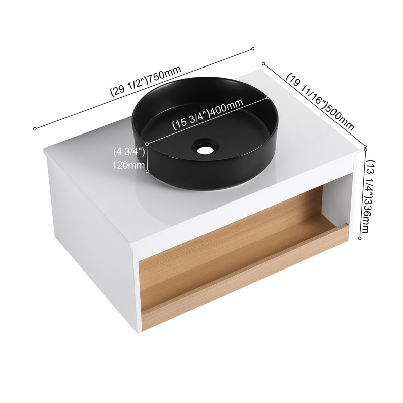 Meuble-lavabo flottant avec lavabo vasque rond noir et tablette ouverte, 30"