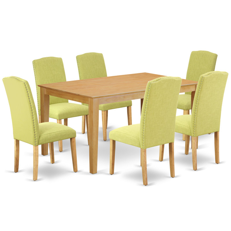 Renae Rubberwood Solid Wood Dining Set, Oak, 7 Pieces: Table, 6 Chairs, Limelight