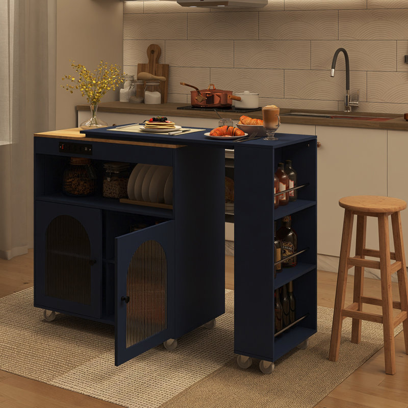 56.3" Rubber Wood Island Countertop Kitchen Cart With Power Outlets And LED Lights, Blue