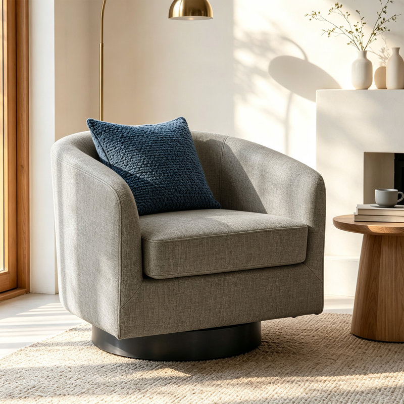 Applewold Swivel Barrel Chair with Solid Wood Frame, Khaki Fabric