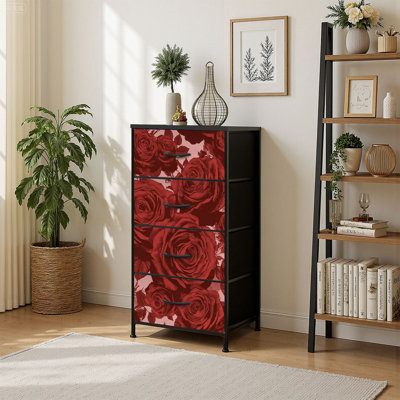 4 Drawer Vertical Storage Dresser Red Rose flower Allover print floral with Wood Top Fabric Pull Drawers by Ebern Designs
