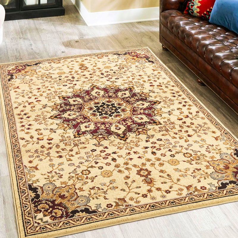 Tapis classique couleur crème, 15,8 kg, base en polypropylène, élégant motif médaillon, profondeur 312 cm, confectionné avec un motif tendance