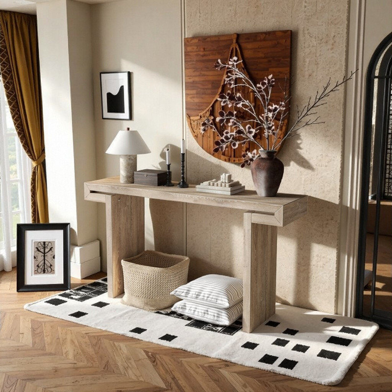 Console de 60 pouces avec rangement ouvert, fabrication en placage de bois massif, Bois naturel