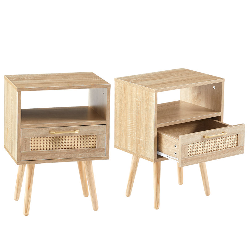 Modern Nightstand Rattan Drawer Solid Wood Legs (Set of 2), Orange