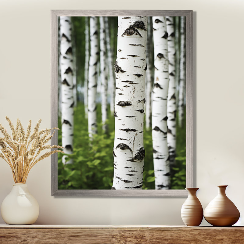 Bouleau blanc et vert Whispers III - Art mural grand bouleau, H 40 po x l 30 po x P 1,5 po, Cadre simple argenté
