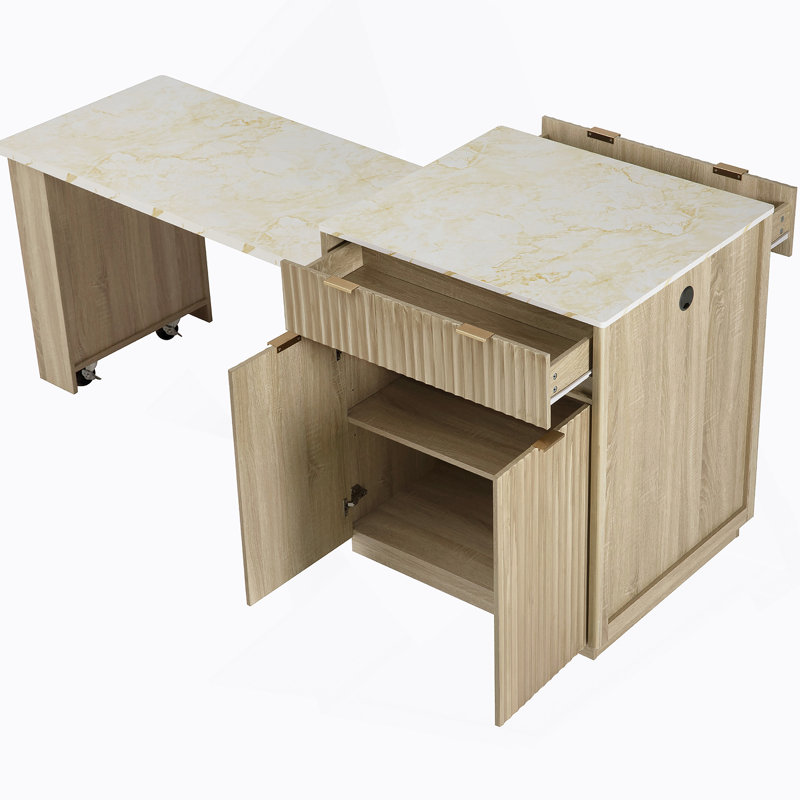 Fluted Kitchen Island With Extendable Dining Table, Power Outlet,  Double-side Storage, 2 Drawers And 2 Side Open Shelves