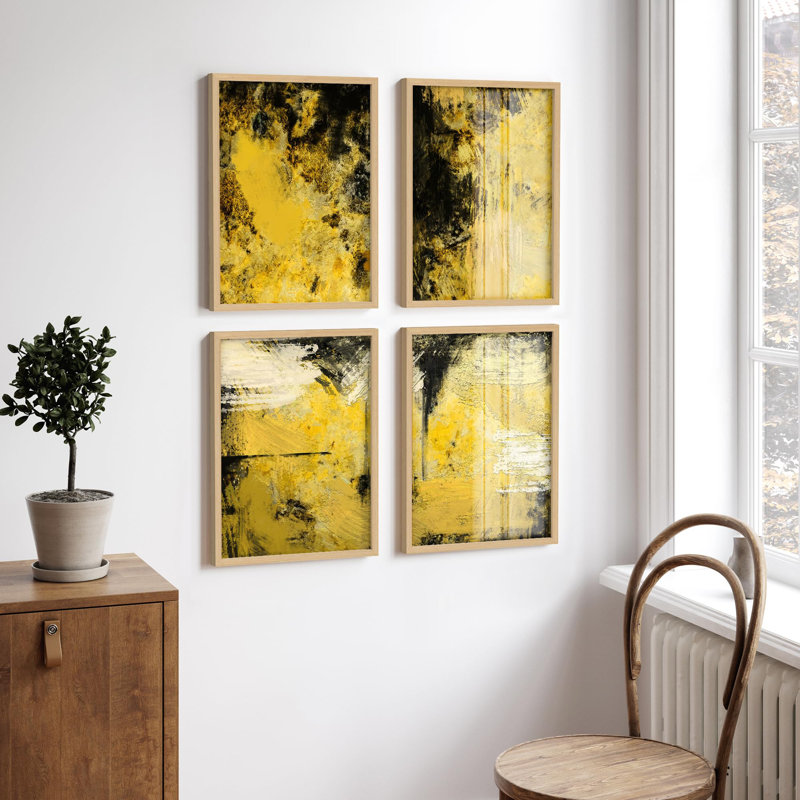 "Abstrait, art texturé jaune et noir", 4 pièces, Blanc, H 16 po x l 12 po
