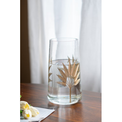 Vase cylindrique d'appoint en verre avec motifs feuille d'or - transparent / or
