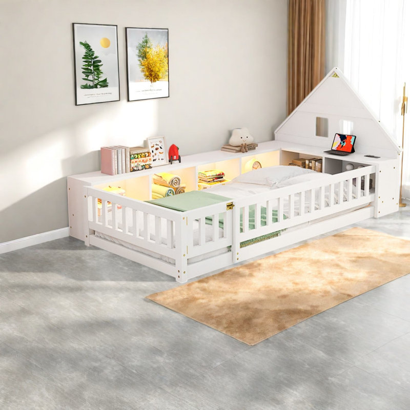 Lits jumeaux en forme de maison avec rangement, en MDF de bois massif, chambre d'enfant moderne, White