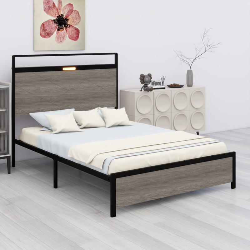 Base de lit plateforme avec tête de lit à DEL avec rangement et 2 USB, grand rangement sous le lit, Double