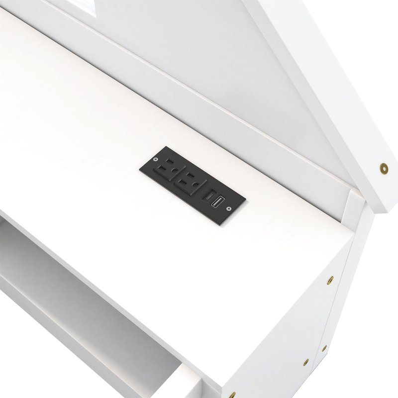 Lits jumeaux modernes avec rangement, lit de sol en bois MDF en forme de maison, ports USB et DEL, White 1