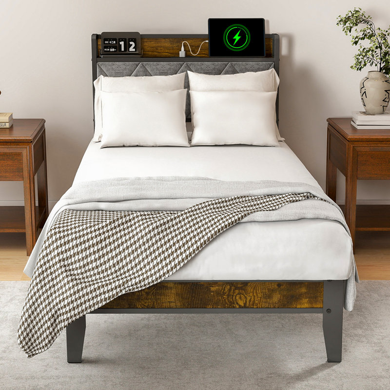 Modern Bed Frame with Charging Station and Upholstered Headboard, Twin