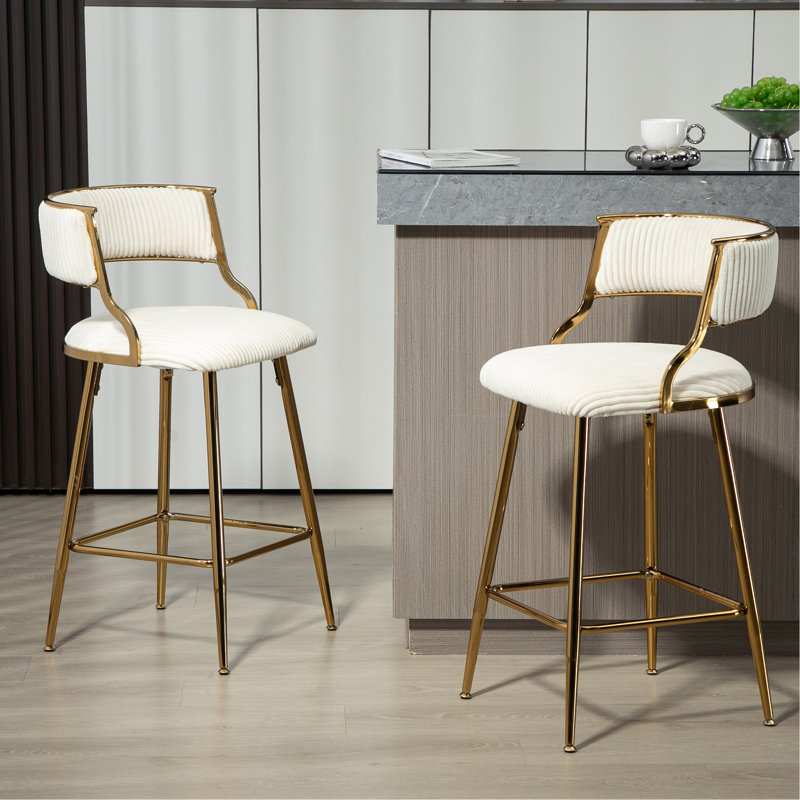 Two Pieces Bar Stools With Chromed Base And Footrest, White