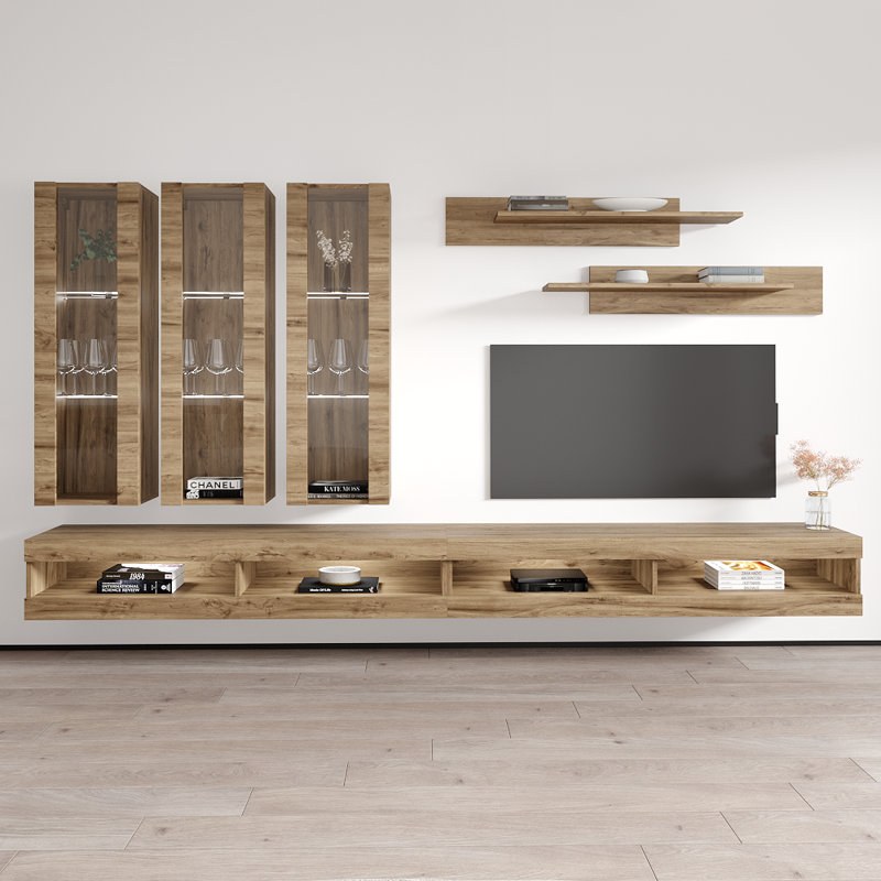 Flye 126" Modern Floating Wall Mounted Entertainment Center with 16-Color LED Lighting, High Gloss Finish, Oak