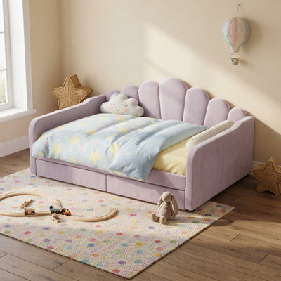 Structure de lit de jour rembourrée en velours pour grand lit avec dossier en forme de coquille (disponible avec un lit gigogne ou des tiroirs de rangement)