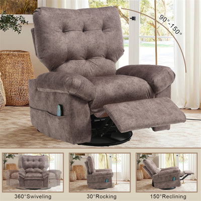 Fauteuil inclinable et berçant surdimensionné avec massage et chaleur, fauteuils de salon simples pivotants à 360 ° en tissu avec poche latérale, fauteuils de cinéma maison manuels pour le salon
