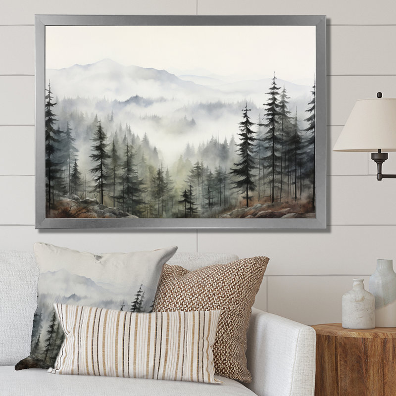 «Pine Misty Mountain II» sur toile, Cadre photo unique, H 24 po x l 32 po, Argent