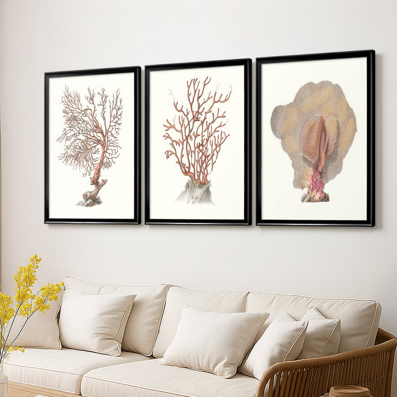 Terra Cotta Coral I - Toile tendue avec châssis sur mesure - 3 pièces, H 15 po x l 19 po, Noir