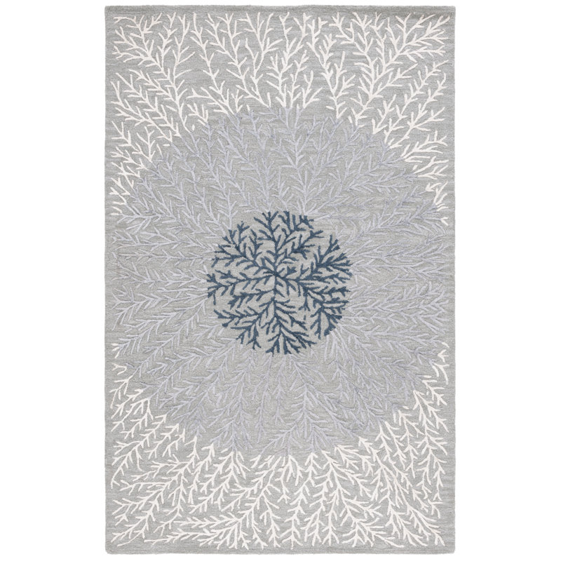 Tapis floral ivoire / gris en laine / coton / viscose touffeté à la main Soho, Rectangle 5 pi x 8 pi