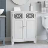 Freestanding Floor Accent Cabinet with Glass Doors and Cross Molding – Dual-Shelf Storage for Bathrooms