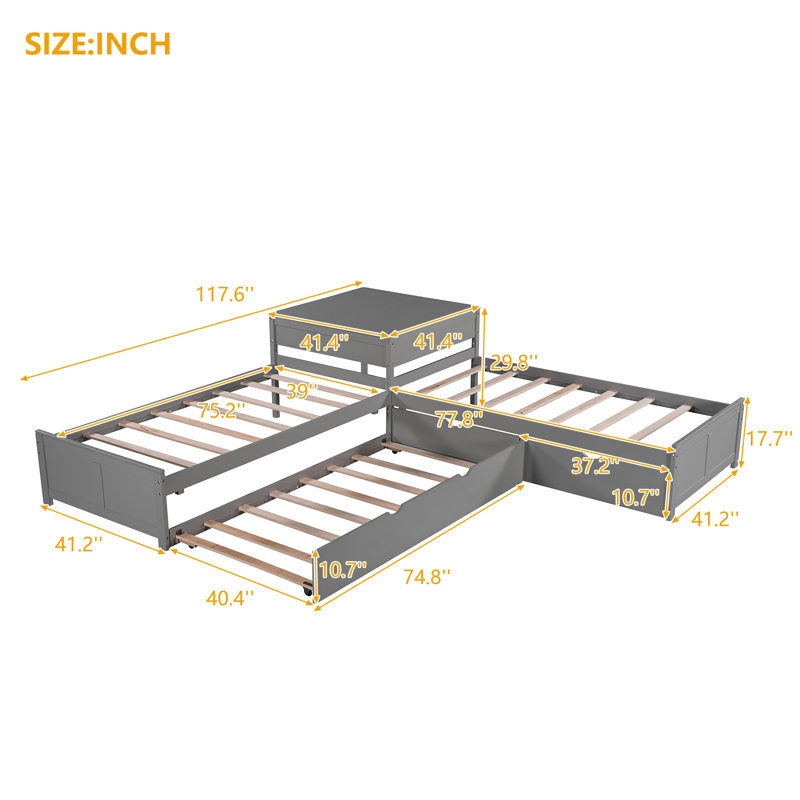 117.6" W L-Shaped Platform Bed With Trundle And Drawers, Linked With Built-In Desk, Twin, Grey, Grey