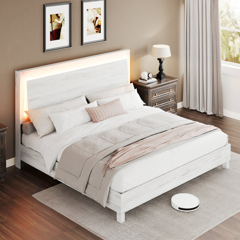 Très grand lit plateforme Carnbrock de 47 po avec lumières DEL, blanc, Très grand, Blanc
