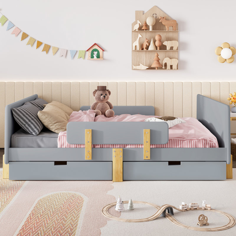 Lit plateforme double avec tiroirs de rangement, structure de lit en bois massif avec garde-corps, petite tablette et crochets, aucun sommier nécessaire