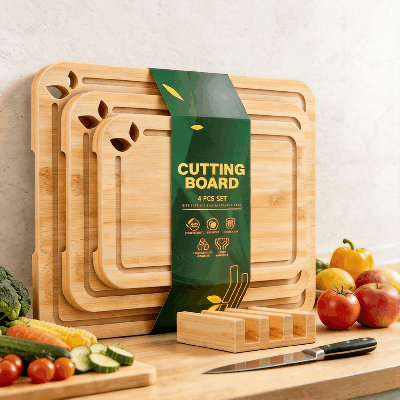 Premium 4PCS Pure Natural Bamboo Cutting Board Set, Complete with Juice Grooves, Storage Rack & Anti-Slip Mat, Multi Size Kitchen Prep Boards for Meat Fruit Veggies, Ideal Gift for Home Cooks