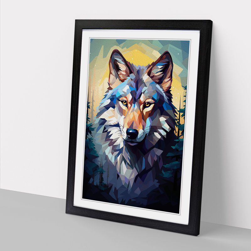Wolf Cubism - Single Picture Frame Print on Wood, Black, 46cm H x 34cm W x 2cm D