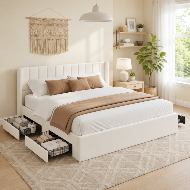 King Upholstered Storage Bed with 4 Drawers