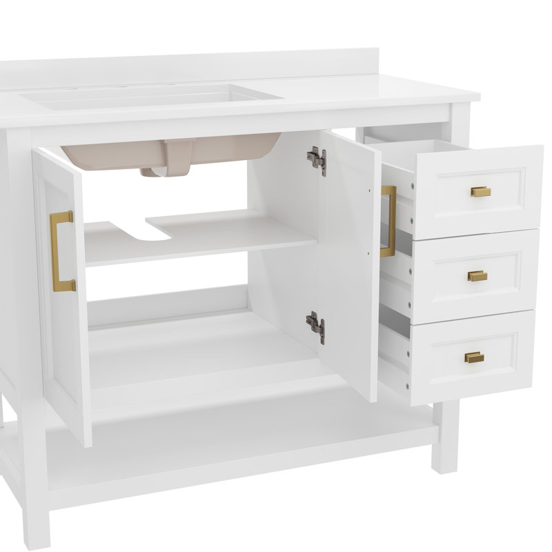 Ensemble de meuble-lavabo simple 36 po avec lavabo, armoire, tablette de rangement ouverte et tiroirs de rangement Caniya, Or