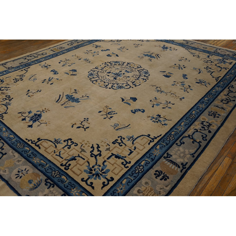 Ivory Beige Cream White Wool Rectangle Hand Knotted Pile Antique 1920s Floral Medallion Rug