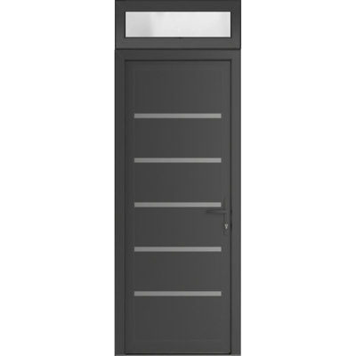 Porte d'entrée extérieure prémontée en PVC-U Manux 8415, gris anthracite, avec imposte et panneau latéral. Convient aux bureaux, aux commerces et aux habitations. Parfait pour l'entrée, les patios et les garages. Dimensions : 30 x 94 pouces (L 30 x H 80 + 14 pouces). Ouverture à gauche vers l'intérieur.