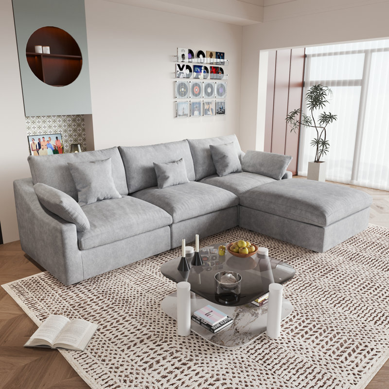 Slipcovered Upholstered Modular Sofa With Ottoman, 29.53" H x 119.29" W x 77.95" D, Gray