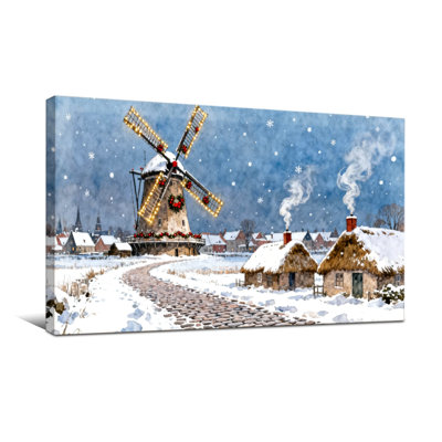 Christmas Winter Village With Windmill And Snow