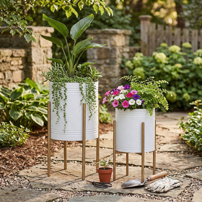 Aideen Metal Planter Pot Set for Indoor & Outdoor Use - Set of 2, Aztec White