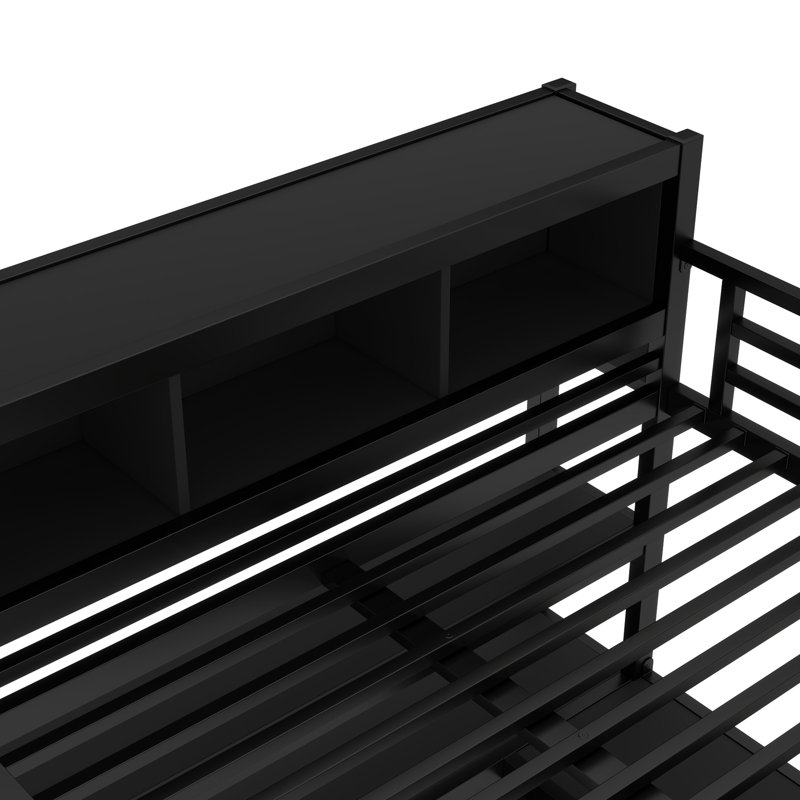 Grand lit mezzanine en métal noir avec bureau fonctionnel et garde-robe, bureau, rangement, Noir
