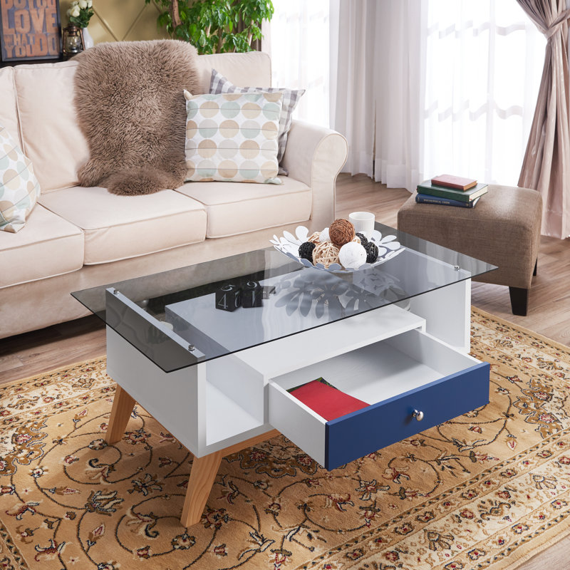 Levi Glass Top Single Coffee Table, Navy/White