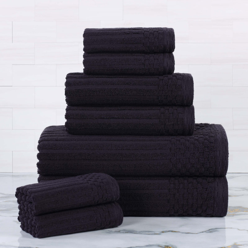 Soho Spa Highly Absorbent Cotton Checkered Border Towel Collection, Black, 8 Piece Towel set (2-bath, 3-hand, 3-face)