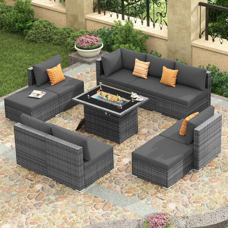 Bromelia 10-Piece Outdoor Modular PE Wicker Sectional Conversation Set with 43" Propane Fire Pit Table and Cushions, Gray