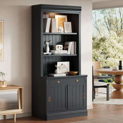 Tall Modern Bookshelf With 3 LED Lights, Sliding Doors, And Open Shelves For Stylish Storage In Living Rooms And Home Offices