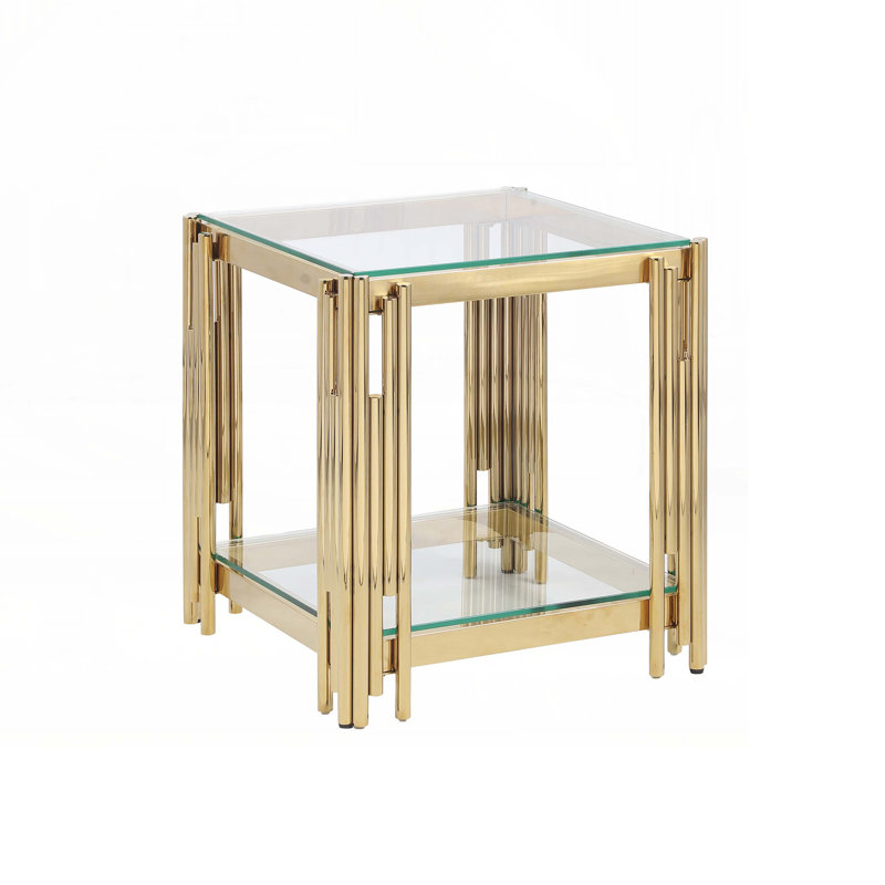 Wood Console Table with  Glass Top, Golden Stainless Steel, Transparent