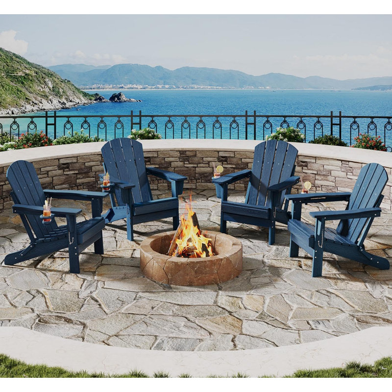 Adirondack Chair Set of 4, HDPE Outdoor Patio Chair with Cup Holder, All Weather Resistent Wooden Textured for Patios, Decks, Gardens, Fire Pit