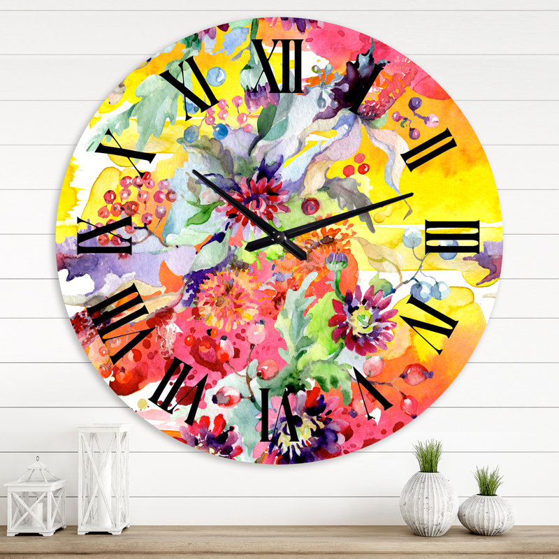 Vibrant Wild Spring Leaves and Wildflowers - Horloge murale moderne, Grand