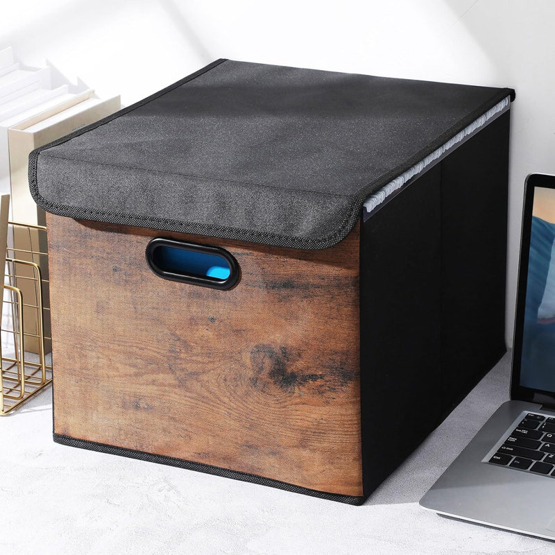 Decorative File Organizer Box With Wood Grain Pattern, Portable File Folder Box With Lid, Easy Slide, Durable Hanging, Collapsible, Polyester, For Letter Legal Storage, Office, Home, Wooden Decor