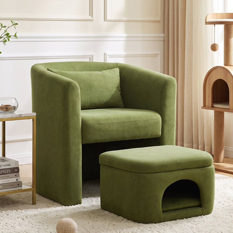 Fauteuil d'appoint rembourré en tonneau avec repose-pieds pour animal de compagnie, Vert