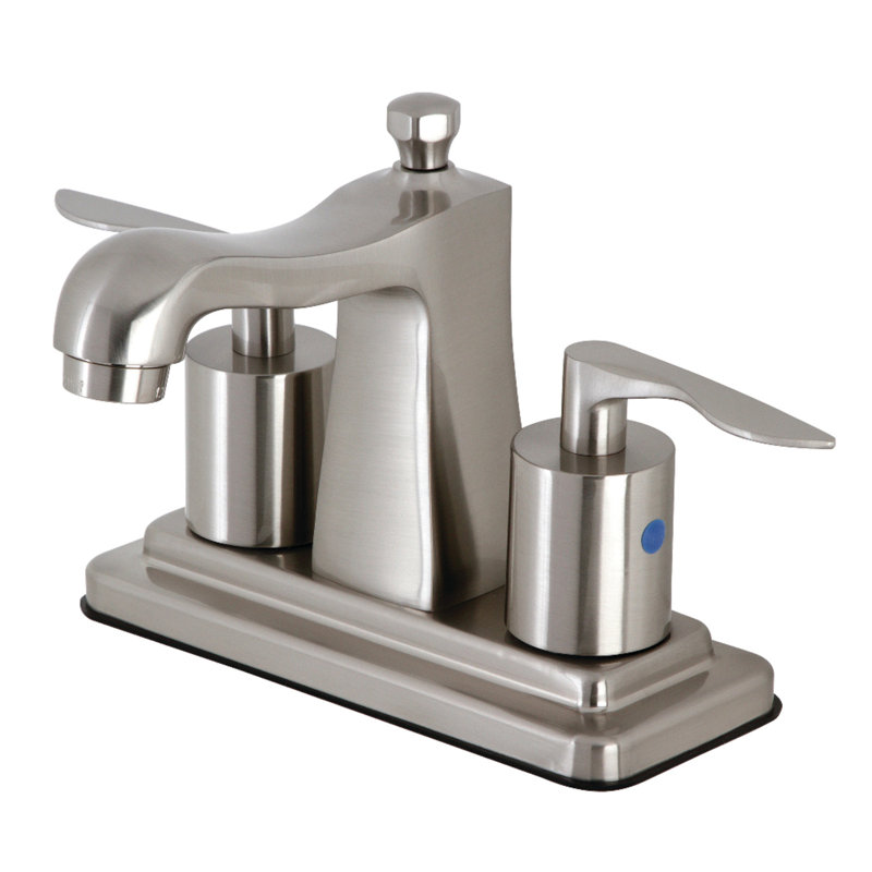 Kingston Brass Serena Two-Handle 3-Hole Deck Mount 4" Centerset Bathroom Faucet with Plastic Pop-Up, Brushed Nickel