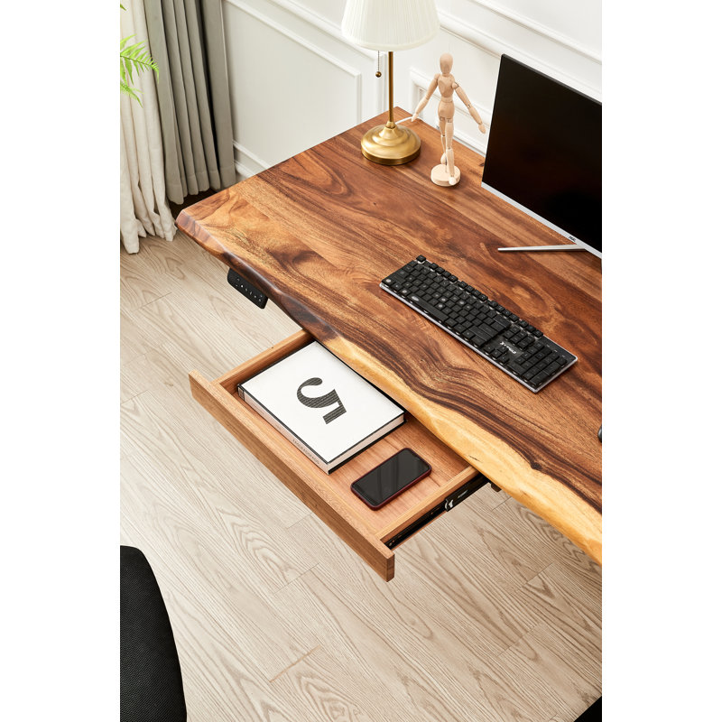 Bureau debout ajustable en noyer d'Amérique du Sud, bureau Live Edge avec tiroir, Noir, H 29,5 po x l 58 po x P 28 po