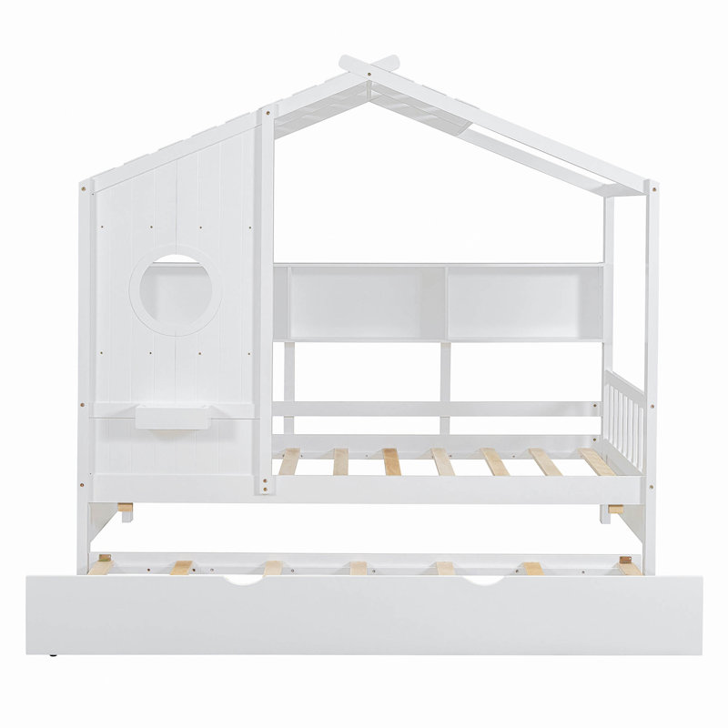 Wooden House Bed With Trundle, Design With Storage Shlef, Twin, White