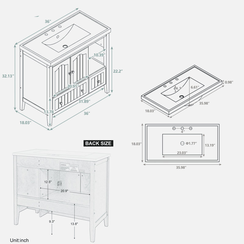 Ensemble de meuble-lavabo simple 36,02 po avec plateau en céramique Niajah, Gris